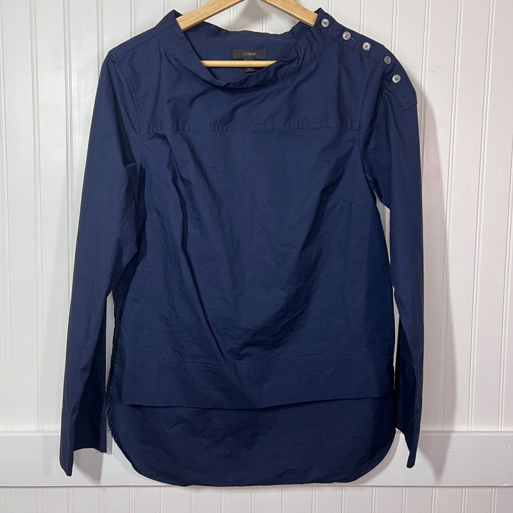 J.Crew Blouse Blue Quiet Luxury Button Shoulder Preppy Heritage 100% Cotton